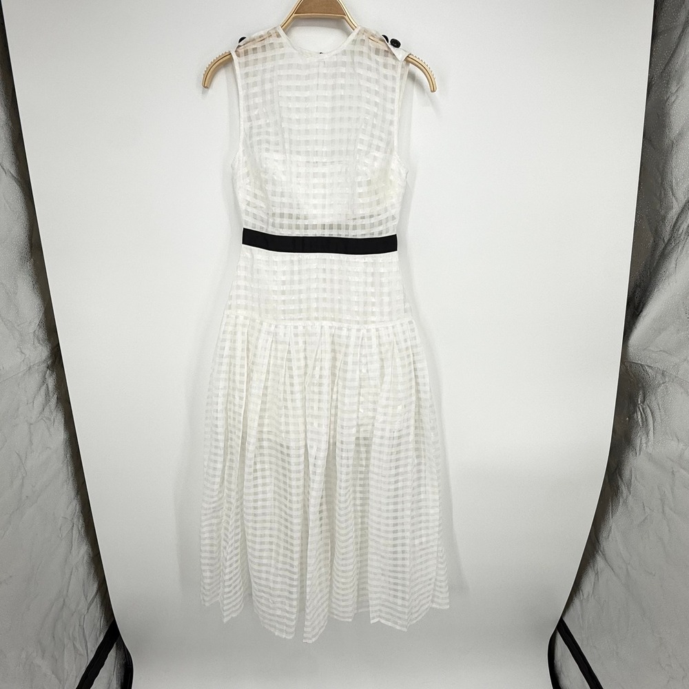 Self-Portrait Midi Dress Women US 2 White Checkered Button Shoulder